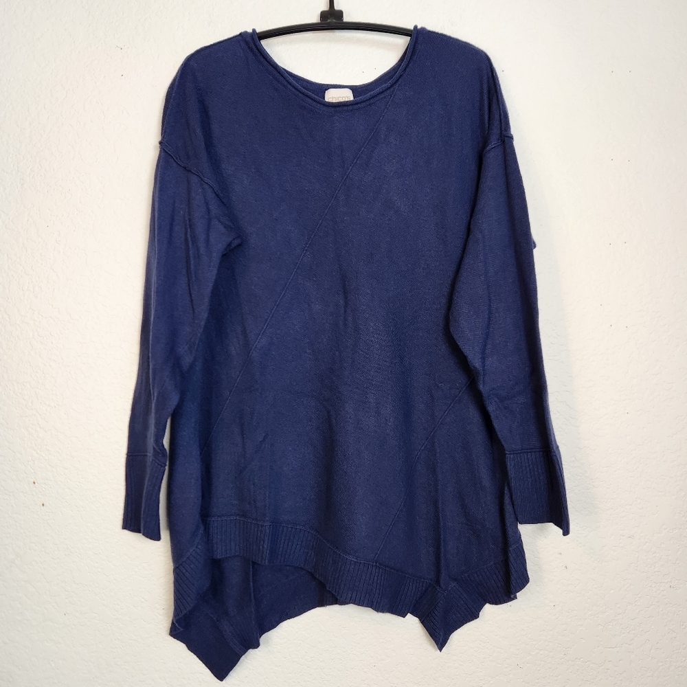 Chico's Navy Crewneck with Asymetrical Hem Sweater, Size ‎ 2 (L)